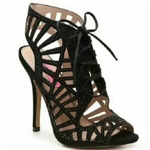 #BETSEY JOHNSON Lexxe Lace Up Rhinestone Cage Heels Black Size 7